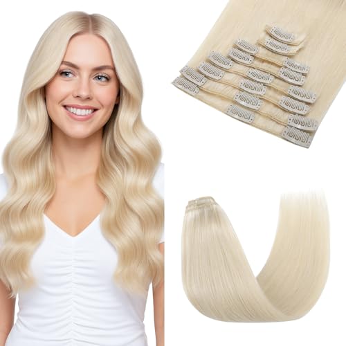 Extension Cheveux Naturel Clip Blond Platine 25 cm 8 Pièces 50g Rajout Cheveux Clip Invisible Lisse #60