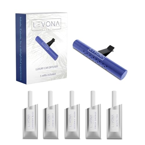 Image of Levona Scent Car Vent Clips - Car Diffuser with Adjustable Scent Strength - Easy Clip-On, Rotatable & Lightweight Design - Fits SUVs & Trucks - Luxury Car Accessory with 5 Assorted Scent Sticks - Blue