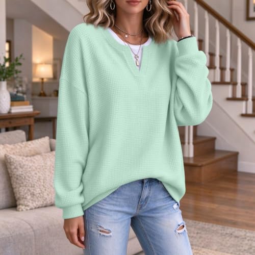 Waffle Tops for Women Faux Layered V Neck Waffle Knit Henley - image 7