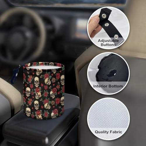Image of Skull Rose Print Car Trash Can for Car Front Seat, Back Seat, Floor, Headrest, Car Accessories Interior Universal for Car SUV Trucks