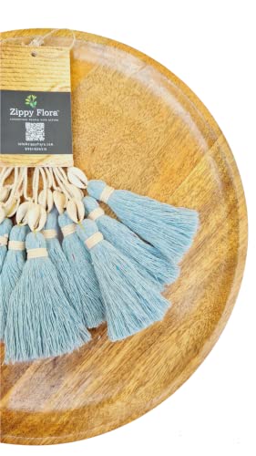 Image of Zippy Flora Handmade Cotton Tassels with Cowrie Shells for DIY & Crafts Project, Pack of 10 (Sky Blue)