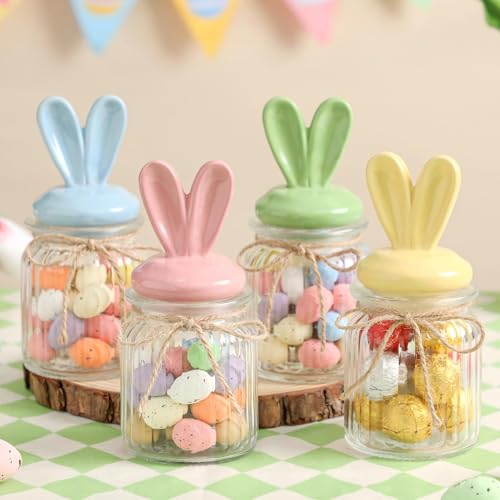 Easter Bunny Candy Jar Decorations - 4 PCS Glass Candy Jars with Bunny-Shaped Ceramic Lids - Airtight Glass Containers for Chocolate, Mini Eggs, Easter Table Centerpiece Decorations(6.7 * 3.1in)