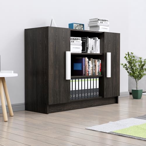 Image of Bniture Storage Cabinet Wooden Sideboard for Living Room with 3 Shelf and 2 Door | Multipurpose Book Shelf Storage Organizer Cabinet for Office Home Hallway Drawing Room Bedroom | Flower Wenge