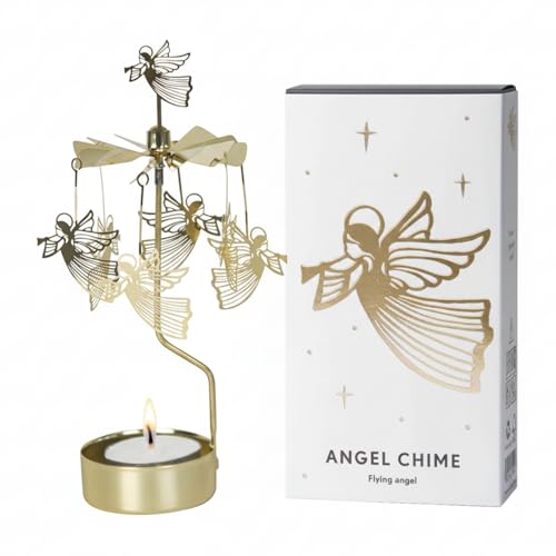 Teelichthalter Engel Gold 16 cm – rotierender Kerzenhalter aus Metall, angetrieben durch Kerzenwärme, edle Weihnachts- & Winterdeko im skandinavischen Stil, Geschenkverpackung inklusive