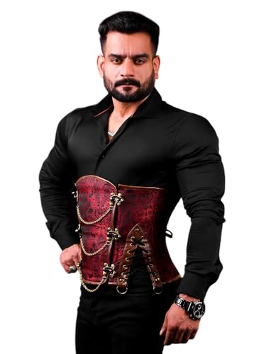 Men's Gothic Steampunk Corset Vest – Waist Trainer Body Shaper with Chains & Buckles – Vintage Brocade Waist Cincher