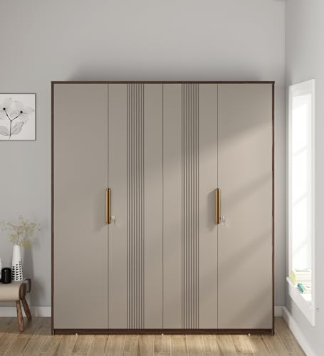 Image of Spacewood Adore /Desire 4 Door Wardrobe | Engineered Wood Almirah with 2 Drawers (2 Lockable) & 2 Hanging Spaces | Bedroom Cupboard Almari | 3-Year Warranty | Sahara Beige & Dark Brown Eucalyptus