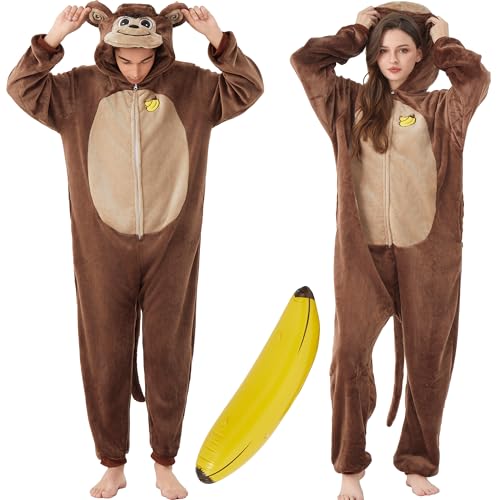 Adult Monkey Onesie Costume, Flannel Monkey Pajamas Halloween Animal One Piece Sleepwear Homewear for Men Women