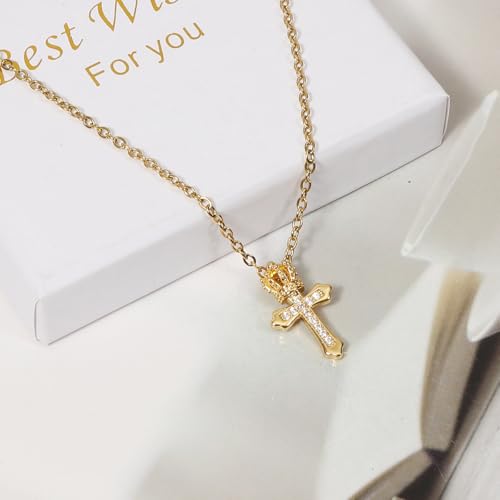Crown Cross Pendant Necklace Chunky Cross Necklace for Women Statement Necklace 14K Gold Plated Dainty Cross Necklace
