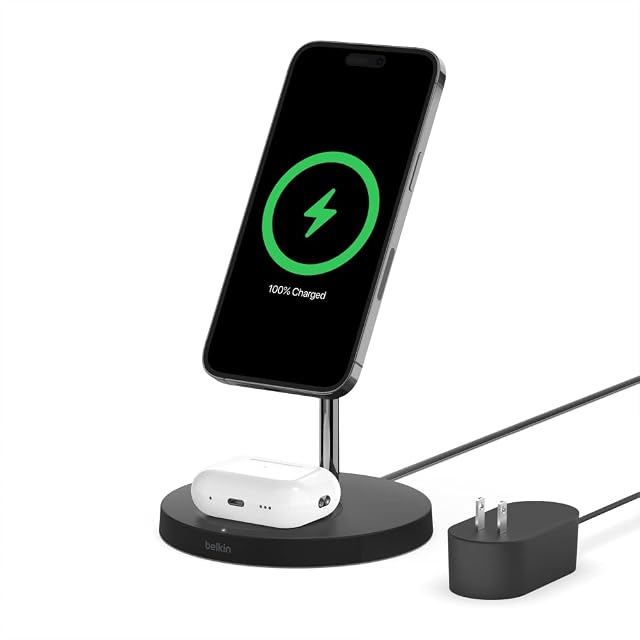 Belkin MagSafe 2-in-1 Wireless Charging Stand for Apple iPhone 16 iPhone 15 iPhone 14 iPhone 13 Series AirPods