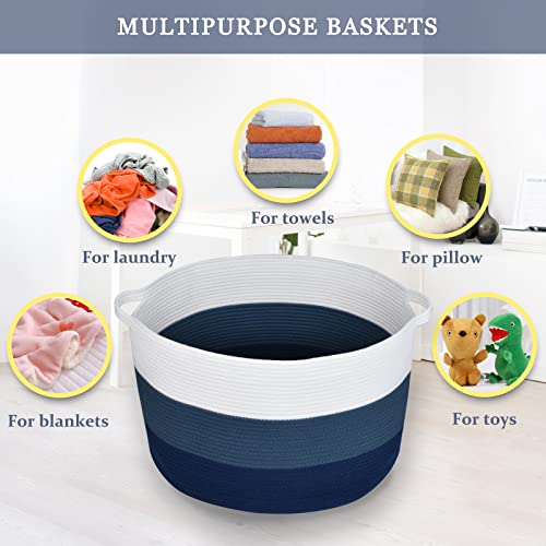 Image of Large Cotton Rope Blanket Basket, 87L Laundry Hamper, White & Blue