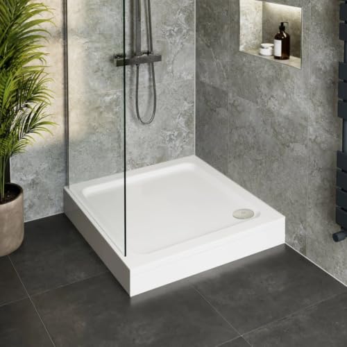 Hydrolux 760 x 760 x 140mm White Bathroom Shower Tray for Enclosures Cubicles & Wet Room with Chrome Waste + Riser Kit Square
