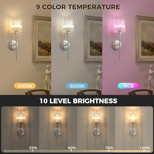 Image of DORESshop Battery Operated Wall Sconce Set of 2, Wireless Wall Light, 15 Color Rechargeable Wall Sconces, Sconce Wall Decor Set of 2 for Bedroom, Living Room, Nickel and Crystal, 24.6in
