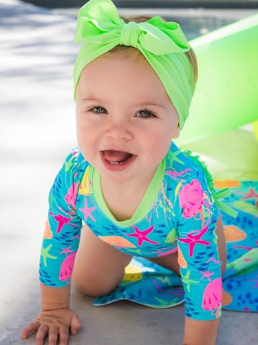 Image of RuffleButts Baby Girls UPF 50+ Sun Protection Floral Printed Long Sleeve One Piece Rash Guard Swimsuit with Zipper