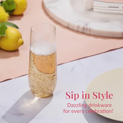 Prestee 12 Stemless Plastic Champagne Flutes - 9 Oz Disposable Glasses for Mimosas, Cocktails, Shatterproof Party Drinkware, Clear Champagne Flute Set for Weddings, New Year’s Eve, and Events