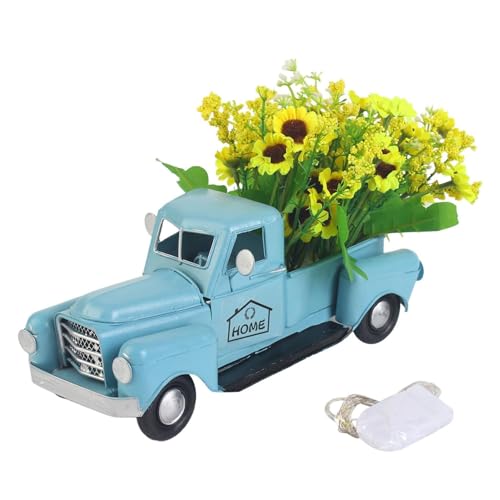 Aayahakawa Vintage Truck Decor with Sunflowers Flowers, Vintage Truck with LED, String Lights for Tiered Tray Items, Mini Sunflower Home Farmhouse Table (Blue)