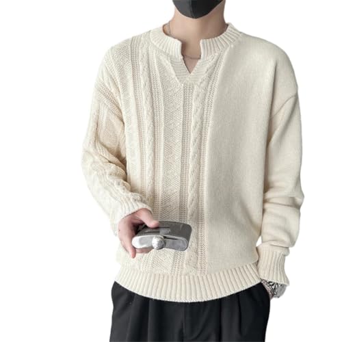 Men’s V-Neck Sweater Knit Pullover Solid Color Half Twisted Base Layer White Warm Long Sleeve Casual Fashion Clothing Top
