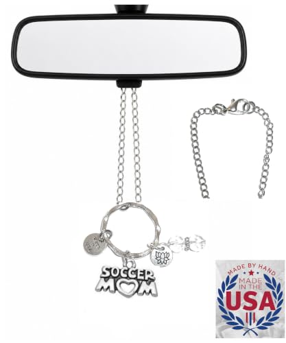 Rear View Mirror Car Charm Ornament, Sun Catcher, Hanging Pendant, Stainless Steel Chain and Crystal Accents, Packaged in a Gift Bag (Soccer Mom)