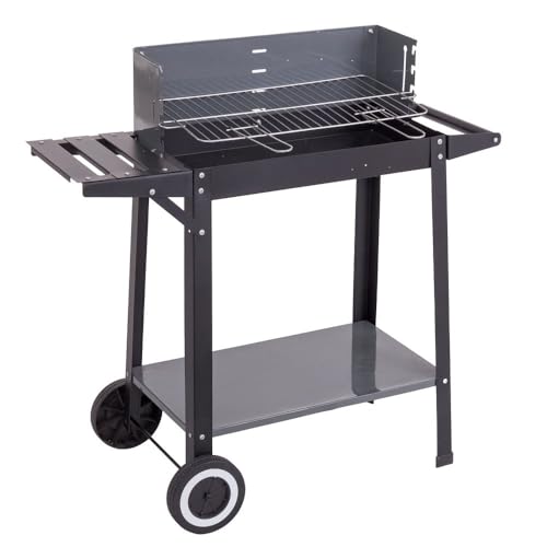 MONTY Barbacoa de Carbón Rectangular de Acero con Bandeja Lateral y Ruedas para Transporte   10 Comensales, Parrilla 48x29 cm   Dimensiones 85x40x84 cm   Color Negro   Sencillo Montaje y Guardado