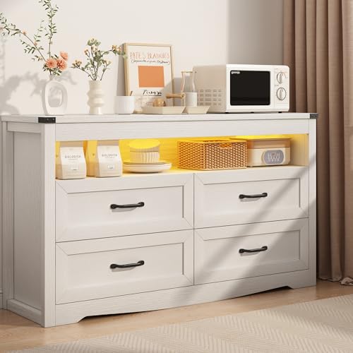 Image of Wodeer White Dresser for Bedroom, Wood 4 Drawer Dresser with LED Light, Dressers & Chests of Drawers with Metal Handles, Storage and Organization for Bedroom, Hallway, Entryway