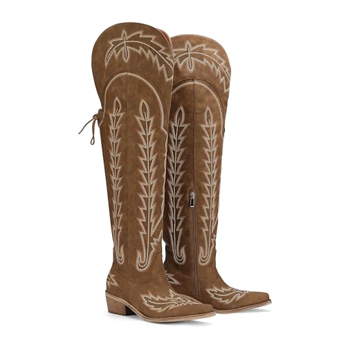 Thigh High Cowboy Boots With Lace Up Wide Calf Over The Knee Cowgirl Boot For Women Embroidered Western Tall Boots With Side Zipper and Chunky Heel