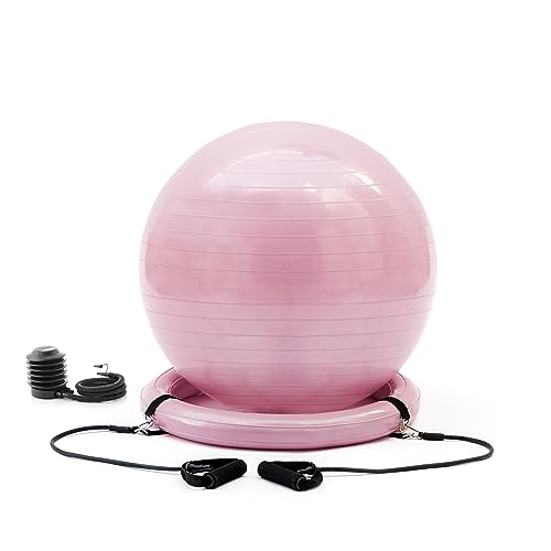 Ballon de yoga avec anneau de stabilité anti-glisse et bandes élastiques pour entraînement sécurisé