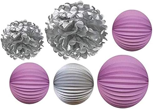 Sous le lampion Under the Shade – Mila Lanterns Kit 6 Lanterns and Tassels Silver Grey and Purple. Included. Attachment kit with kit. Birthday, Children's Room Decoration