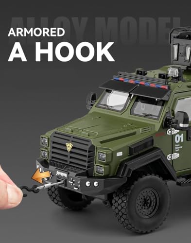 Image of Enterprise 1:24 Armored Police Car Diecast Model - Tooth Tiger Explosion-Proof Pull Back Metal Toy with Lights, Sounds & 4 Opening Doors - Collectible Vehicle for Kids & Display (Green)