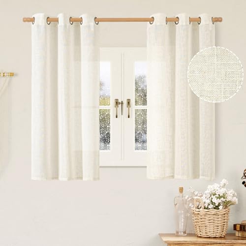 Image of LAMIT 48 Inch Length Short Linen Curtains 2 Panels, Cream Ivory Light Filtering Panels Bronze Grommet Semi Sheer Drapes for Kitchen /Small Windows /Cafe, 34 x 48 Inch