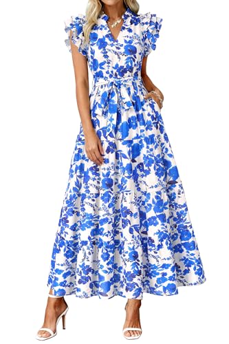 dowerme Women Summer Maxi Dresses 2026 Ruffle Sleeve V Neck Floral Boho Long Dress Belted Tiered Sundress with Pockets(White Blue Flower Large)