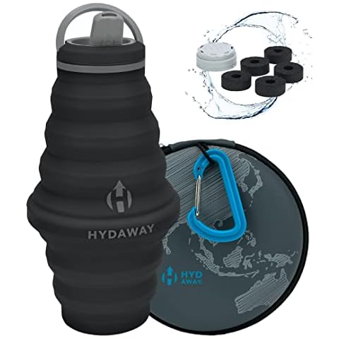 HYDAWAY Hydration Travel Kit | Collapsible Water Bottle | Travel Case | Carbon Filters | For Air Travel, Commuting, Road Trips, Vacations | Midnight Cover