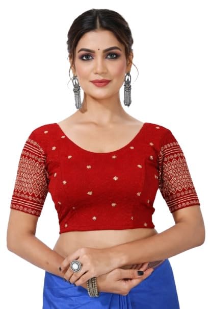 women’s stretchable lycra embroidered blouse | half sleeve round neck readymade saree blouse | slim fit comfortable ethnic wear