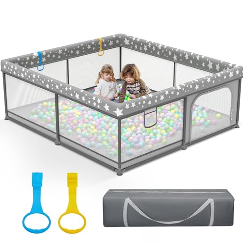 Image of Palopalo Baby Playpen 71"x59", Extra Large Baby Play Pen with Gate & 8 Suction Cup Bases, Sturdy Baby Activity Center with All Wrapped Cushion, Soft Mesh Playard for Babies and Toddlers, Gray Star