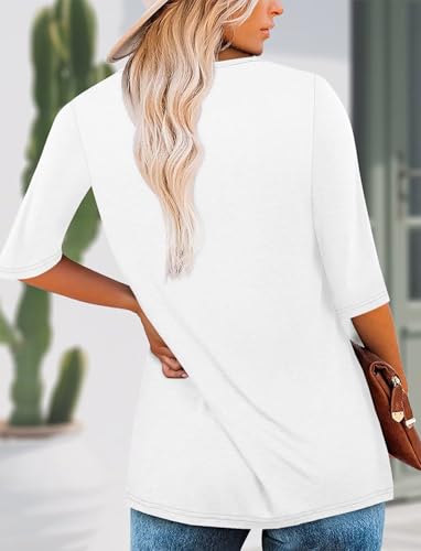KISSMODA Tunic Tops for Women Loose Fit Dressy Round Neck Pleated 3/4 Length Sleeve Spring Tops