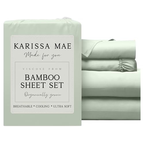 KARISSA MAE Luxury Bamboo Viscose 34 Split Top King Size Sheet Set | 100% FSC Certified | Cooling | Luxuriously Soft | 18 Deep Pockets | with Organizer Band & Elastic Corner Strap [Sea Glass]