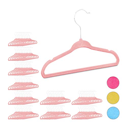 Relaxdays Pack de 100 Perchas Infantiles Antideslizantes, Ganchos Giratorios, Plástico-Terciopelo, Rosa Bebé