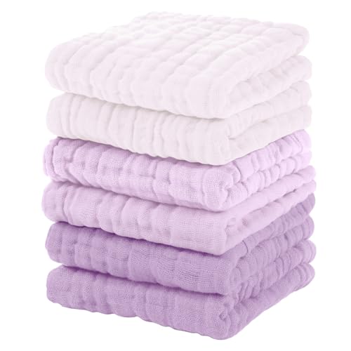 Image of Unnivoll Muslin Baby Washcloths 6 Pack, 100% Cotton Wash Cloths for Babies, Large 12''X12'' Burp Cloths Absorbent and Soft for Newborn Infants Kids Boys Girls - Gradient Purple