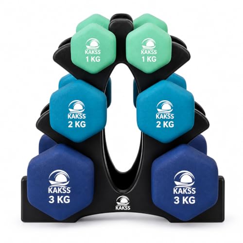 Image of KAKSS Neoprene Dumbbells Set with Stand, 12kg (2 x 1kg, 2 x 2kg, 2 x 3kg), Multicolor Hex Dumbbells Hand Weights for Home Gym, Workout, Strength Training, Fitness Exercise for Women & Men