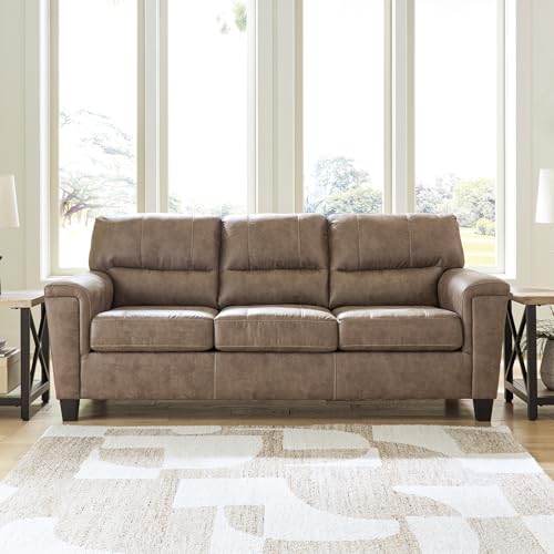 Image of Signature Design by Ashley Navi Queen Sleeper Sofa, Modern Pull Out Couch with Bi-Fold Memory Foam Mattress, Easy-Clean Faux Leather Upholstery for Living Room or Guest Spaces, 89 inch W, Fossil
