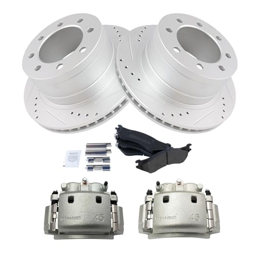 Image of TRQ Rear Performance Brake Pad, Caliper, & Rotor Kit Semi-Metallic Vented Premium G-Coated Compatible with 2006-2008 Dodge Ram 1500 2003-2008 Ram 2500, 3500