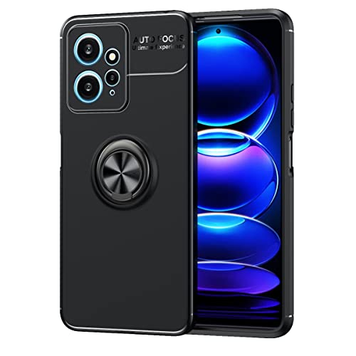 SORAKA Case for Xiaomi Redmi Note 12 with 360 degree rotation Ring Stand Soft Slim Fit Silicone Case Shockproof Anti-fingerprint Case with Metal Plate for Magnetic Car Phone Holder Black