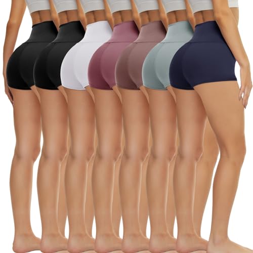 TNNZEET 7 Pack Biker Shorts for Women - 5''/8''/3'' High Waisted Workout Tummy Control Spandex Gym Shorts for Yoga Athletic 5“ Inseam Small-Medium D-black*2/ White/ Dark Pink/ Complexion/ Li