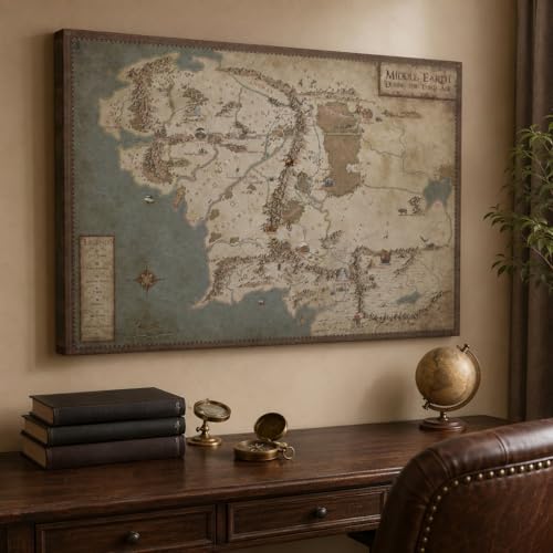 Middle Earth Map Canvas Wall Art Movie MapHD Print - Retro Middle Earth Map Canvas Painting for Home Wall Decor Vintage Movie WorldMap Poster Framed Artwork for Room Decor (12Hx18W)