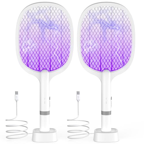 Raqueta eléctrica de insectos 5000 V, pala antimosquitos recargable USB-C, matamoscas eléctricas con base estable y malla de 3 capas, eficaz contra moscas e insectos (lote de 2)