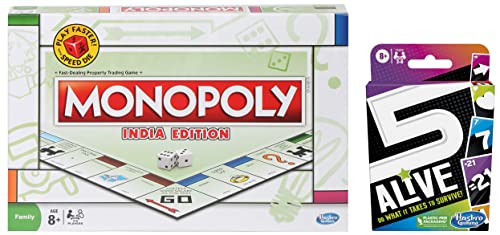 Image of MONOPOLY India Edition Board Game for Families & Hasbro 5 Alive Card Game Fast-Paced Kids Game 2-6 Players, Ages 8+, Strategy & Fun