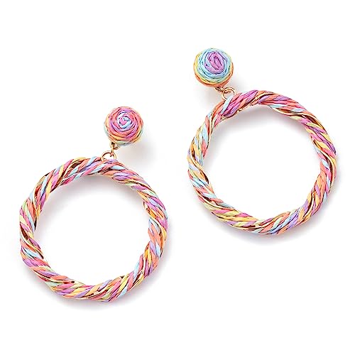 Boho Raffia Hoop Dangle Earrings Twisted - Statement Rattan Round Geometric Earrings For Summer Beach Vacation