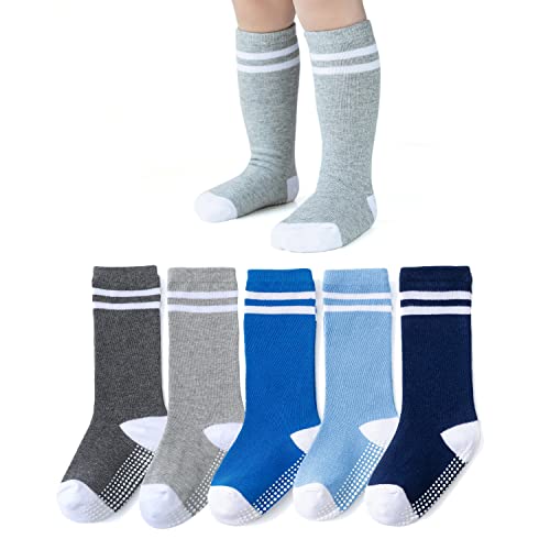 Baby Knee High Socks with Non-Slip Grip Toddler Girls Athletic Stripe Team Tube Socks for Soccer Basketball Baseball 5 Pairs Pack 3-5 Years