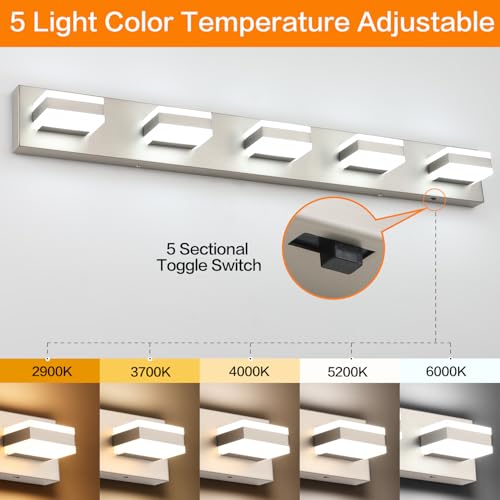 Image of SOLFART Bathroom Brushed Nickel Bathroom Light Fixture, Vanity Lights Over Mirror, 5 Light Led Lights for Bathrooms,5 Color Temperature Adjustable Vanity Lights for Bath Nickel ETL Listed