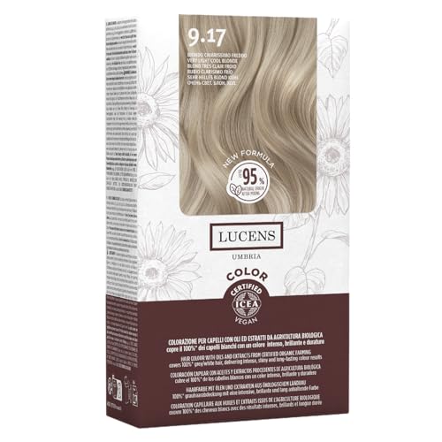 Lucens Umbria - 9.17 Biondo Chiarissimo Freddo, Tinta per Capelli Senza Ammoniaca, Kit Colorazione Permanente Vegan con Estratti Naturali, Azione Lenitiva, Idratante e Protettiva