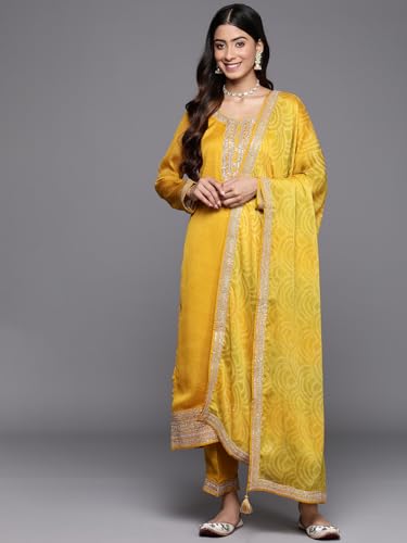 Image of Libas Printed Chiffon Straight Kurta With Trouser and Dupatta