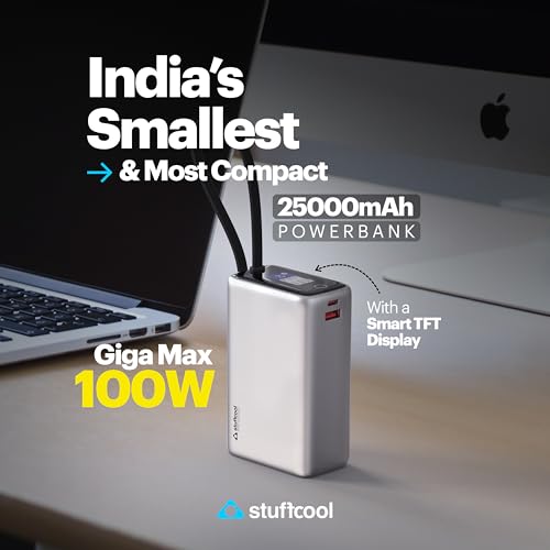 Image of Stuffcool Giga Max Smallest 25000mAh 100W Power Bank, Built-in Type-C Cable, Charges MacBook Pros, laptops, supports Samsung Super Fast Charging 2.0; Smart TFT Display, Made in India, CE ROHS Approved
